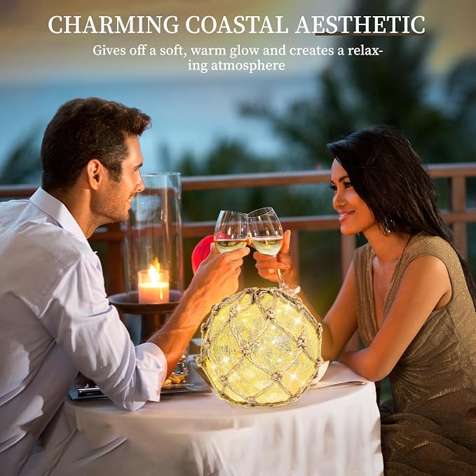 5.91" Glass Fishing Float Night Light – Cracked Glass Ball, Battery Powered Nautical Lamp for Coastal Beach Decor