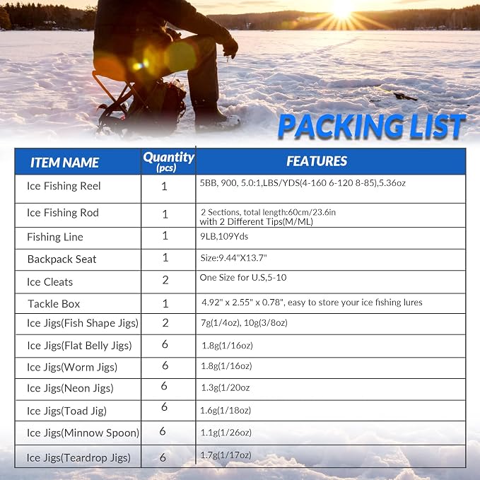 QualyQualy Ice Fishing Rod Reel Combo Complete Set Ice Fishing Gear with Backpack Seat Ice Cleats Ice Fishing Jigs Line Full Ice Fishing Kit 24" 26"