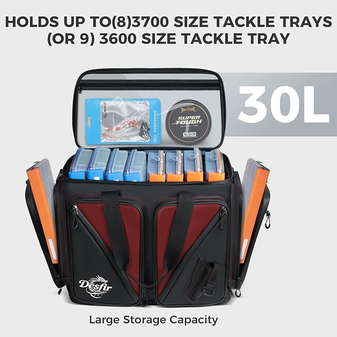 Handor Waterproof Fishing Tackle Bag, Large Saltwater Resistant Storage, 1000D PVC Material, Holds 3600 3700 Trays (Black and Red, Medium Bag)