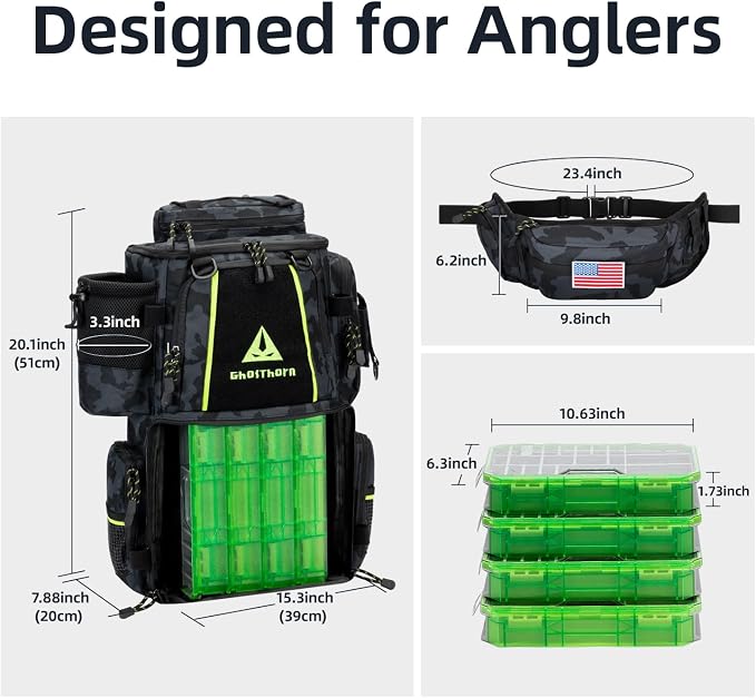 Ghosthorn Fishing Tackle Backpack with 4 3600 Tackle Boxes Rod Holder Outdoor 43L Large Bag with Detachable Wasit Bag Storage Gear and Equipment Waterproof