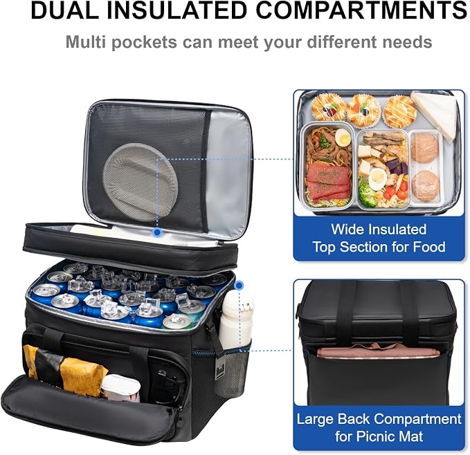 EVERFUN Small Compact Cooler Bag 24/48 Can Insulated Lunch Box Double Deck Soft Leak-Proof Waterproof Collapsible Ice Chest for Men Women Work Travel Car Trip Picnic Beach