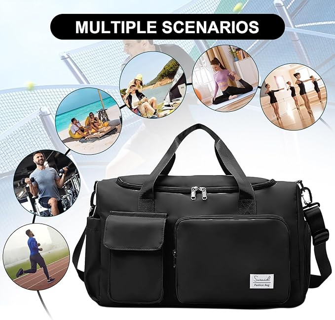 Suruid Gym Bag for Women Men, Travel Duffle Bag Large Capacity Carry On Weekender Bag With Shoe Compartment Gym Tote Dry Wet Separation Duffel Bag with Makeup Bag, Black