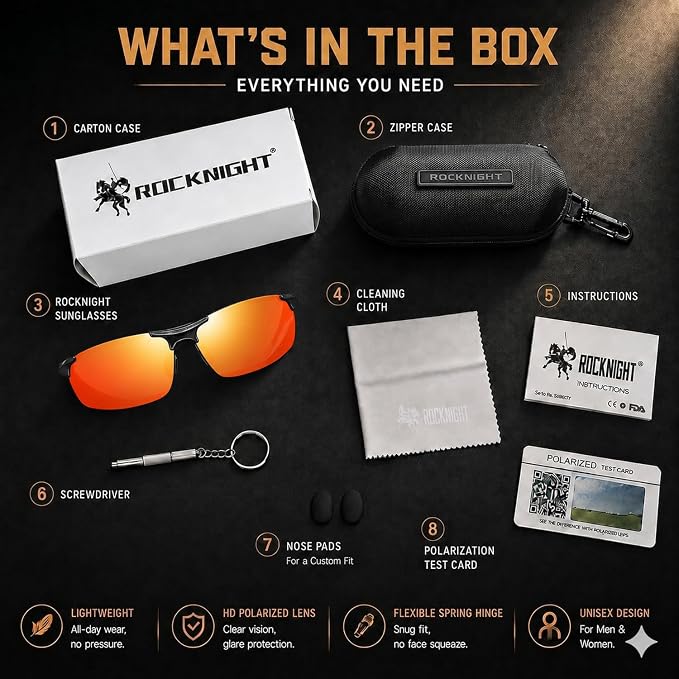 ROCKNIGHT Polarized Rectangular Sunglasses for Men Driving UV400 Protection Lightweight Al‑Mg Frame