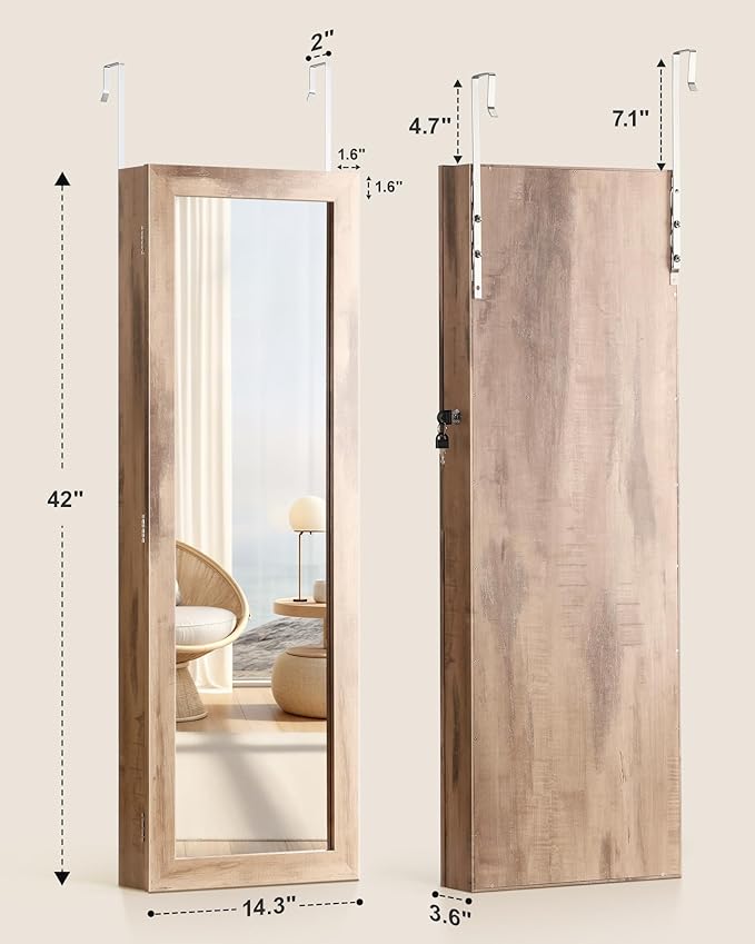 Nicetree 6 LEDs Mirror Jewelry Cabinet, Large Capacity Lockable Jewelry Armoire Organizer, Door or Wall Mounted Mirror with Jewelry Storage, Oak