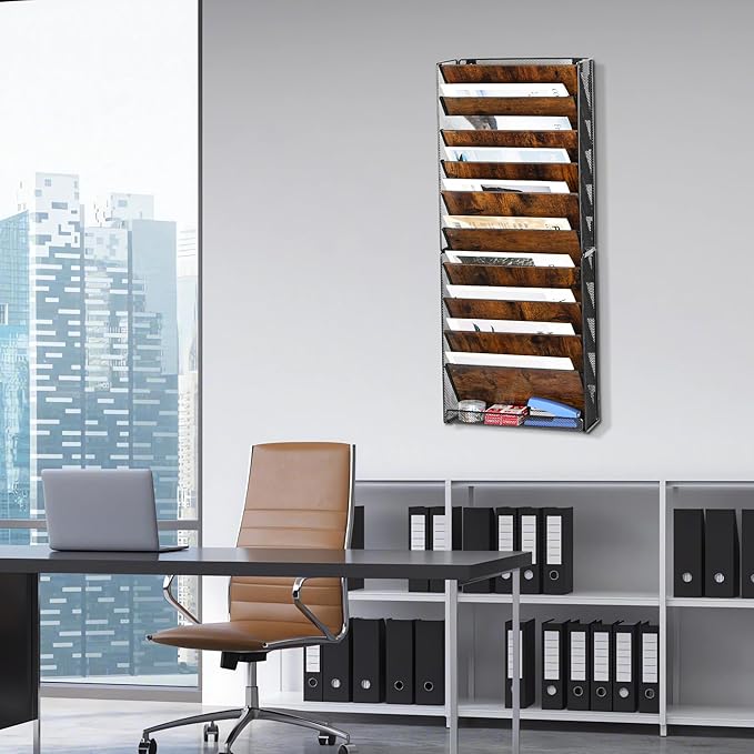 TQVAI 10-Tier Hanging Wall File Organizer - Folding Wall Mounted Mail Document Holder, Metal Clipboard Storage Rack for Office, Homeschool, Classroom Organization, Black/Vintage