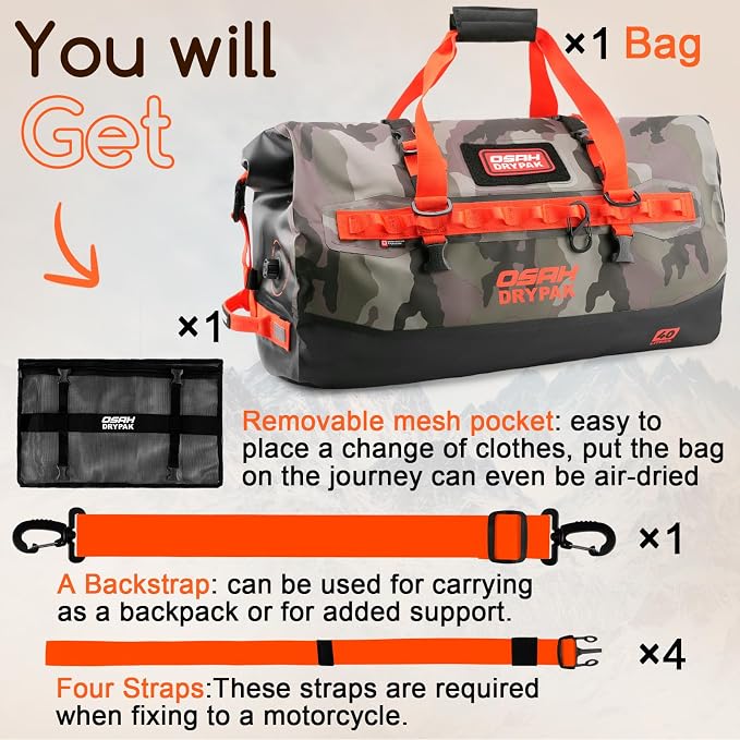 OSAH DRYPAK Waterproof Duffel Bag 25L/40L/60L β Heavy-Duty Motorcycle Tail Bag, Roll-Top Dry Bag for Travel, Camping, Boating, Kayaking, Outdoor Adventure