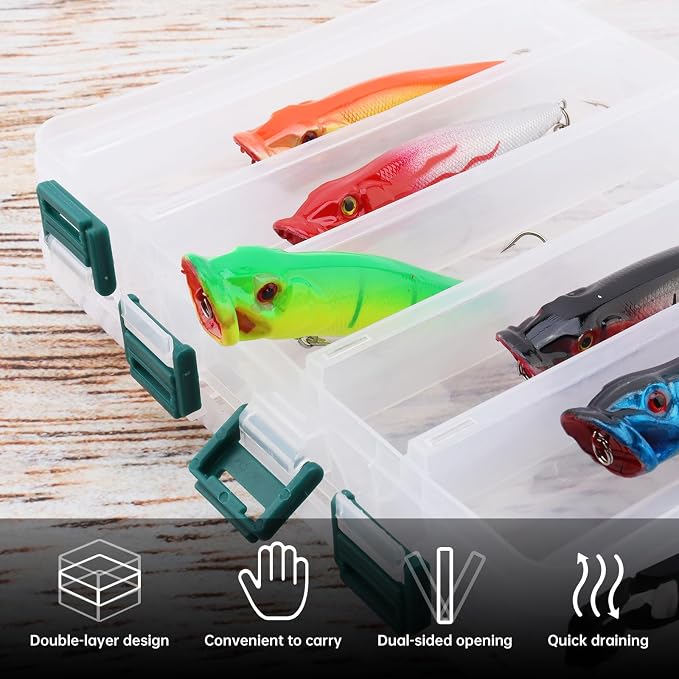 Double Sided Fishing Lures Box, Transparent Visible Fishing Lure Bait, Squid Jig Hooks Plastic Fishing Tackle Storage Case Container (10 Grids 20x16x5cm)