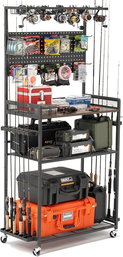 SOYEEZE Fishing Rod Holders for Garage,Fishing Gear Holder for Fishing Rod Tackle Box Storage,Fishing Pole Holders for 12 Rods with Hooks and Pegboard,Fishing Cart with Reel Rack, Large Size