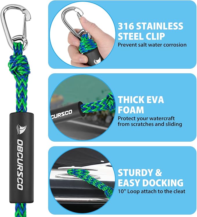 Obcursco Bungee Dock Lines for Boat, Docking Rope with 316 Stainless Steel Clips, Accessories for Jet Ski, PWC, SeaDoo, Pontoon, Center Console, Sets of Two(4ft & 6ft) (Green/Blue)