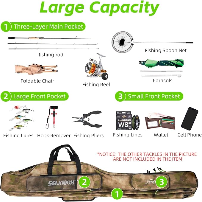 Seaknight Portable Fishing Rod Case - 2 Sizes (53.15in/59.0in) Oxford Fabric Tackle Storage Bag for Travel, Durable Rod Carrier for Freshwater & Saltwater Anglers (Yellow Camou, 150cm/ 59.0in)