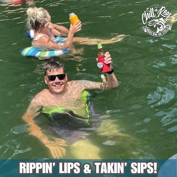 Made in USA | Beer Can Fishing Coolie | Hard Shell Drink Holder with Hand Line Reel | Holds Most Can Sleeves or Coozies | Unique Fishing Gift for Men | Retail Box Packaging | Crimson