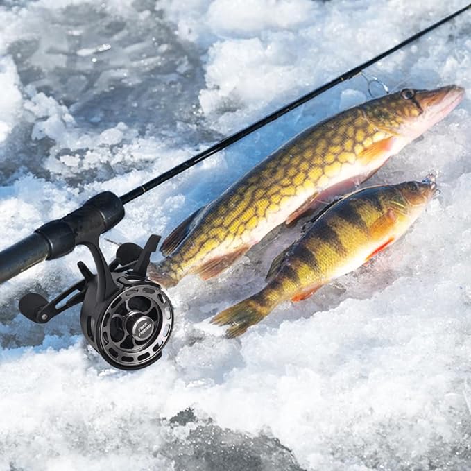 Ice Fishing Reels 3.2:1 Gear Ratio Ultra Smooth 3+1Ball Bearings Strength CNC-machined Aluminum Inline Ice Fishing Reel with Left/Right Hand Retrieve
