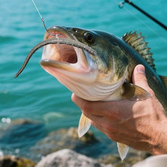 Senko Worms for Bass Fishing, 5” Soft Plastic Stick Baits 50PCS, Floating TPE Ned Rig Worm Kit, Durable Stretchy Bass Lures for Wacky, Texas Rig Freshwater Saltwater