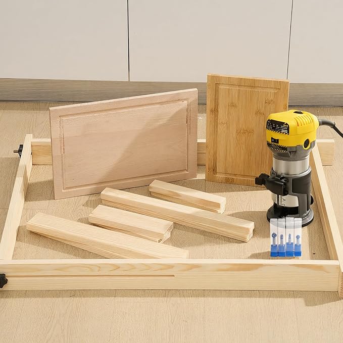 CroBlissful Juice Groove Router Jig, 8 Spacers 4 Pcs 1/4" Shank Round Nose Cove Box Router Bit Adjustable Wooden Juice Groove Jig for Cutting Board Up to 22 x 29, Making Square Recesses(Light Brown)