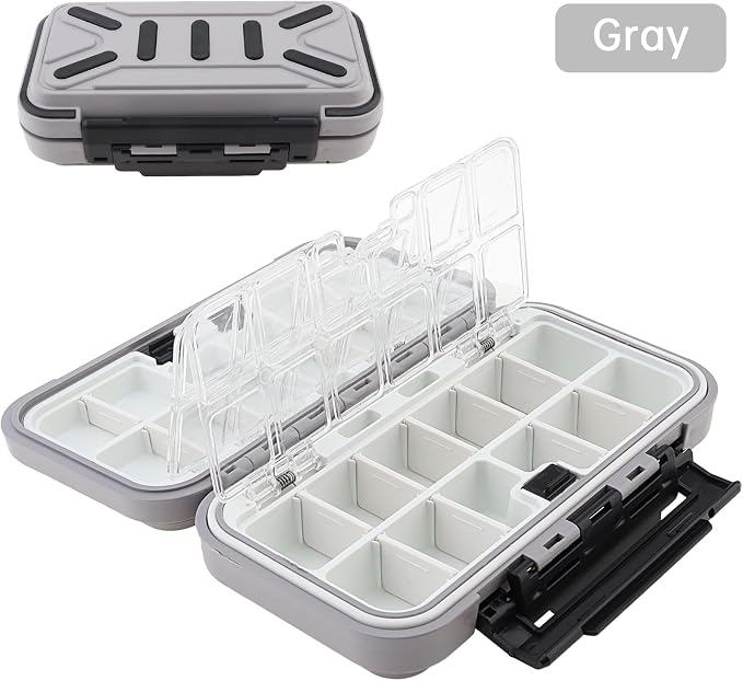 Fishing Tackle Storage Box, Double Sided Waterproof 16 Compartments, Tackle Storage Organizer Box, Fishing Lure Box Storage Containers (Gray)