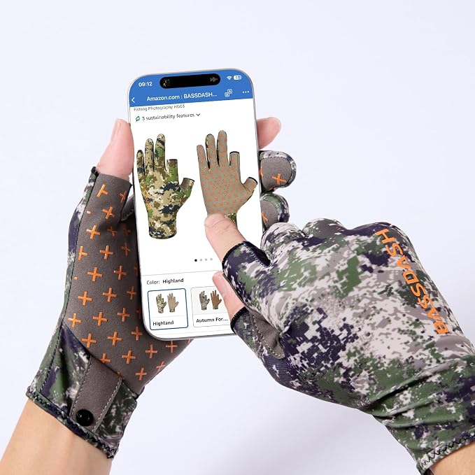 BASSDASH Unisex Fingerless Camo Hunting Gloves for Men's Women's Early Season Warm Weather UPF 50+ Lightweight Fishing Photography HG03