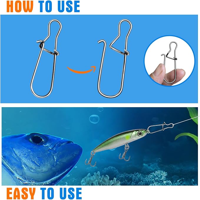 100PCS Stainless Steel Duo Lock Snap Clip Swivel Lure Snaps Fishing Clips Swivels Fishing Tackle Kit Fishing Snaps Clip High Strength Fishing Gear Hooked Snap