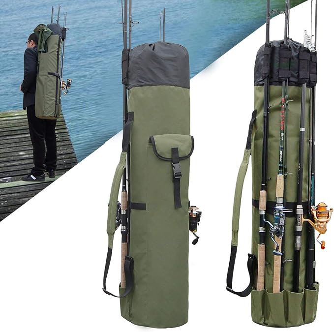 Fishing Pole Bag with Rod Holder Canvas Carrier Bag Fishing Rod Reel Organizer Bag Foldable Fishing Tackle Storage Bag Travel Case Fishing Gifts for Men