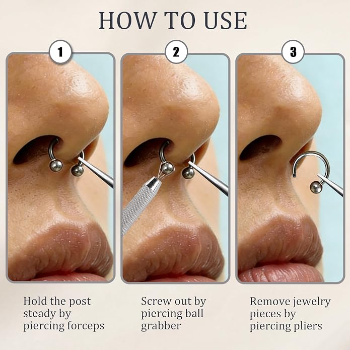 14G 16G 18G 20G Piercing Taper Piercing Ball Grabber Tool Stainless Steel Flat Back Earring Applicator Tool Threadless Insertion Pin Curved Body Piercing Kit for Ear/Nose/Navel/Lip/Eyebrow