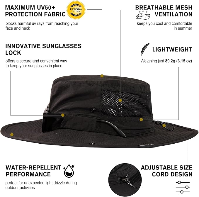 TOP-EX Men's Wide Brim Sun Hat UPF 50+ Waterproof, Packable Breathable Mesh Boonie Bucket Cap for Hiking Fishing Safari