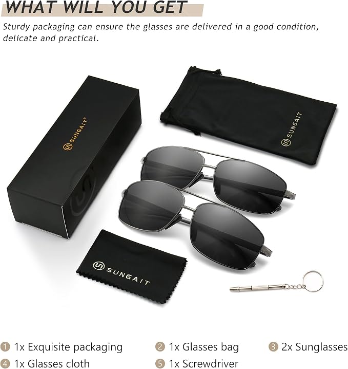 SUNGAIT Ultra Lightweight Rectangular Polarized Sunglasses Men UV400 Protection