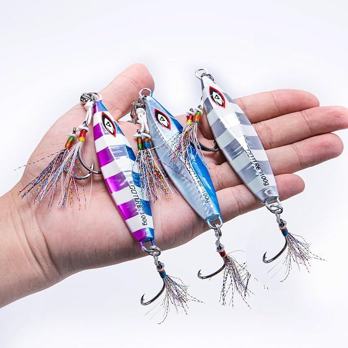 Goture Slow Pitch Jigs, Glow Flat Fall Jig Fishing Lure with Double Assist Hooks and Swivel, Fishing Jigs Saltwater 40g-250g Deep Sea Fishing Jigging Lures for Tuna,Dogtooth Tuna, Yellowtail,Kingfish
