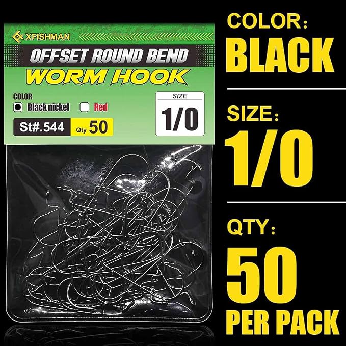 Offset-Worm-Hooks-for-Bass-Fishing-Round Bend Plastic Worms Texas Rig Hook Black Red 1/0 2/0 3/0 4/0