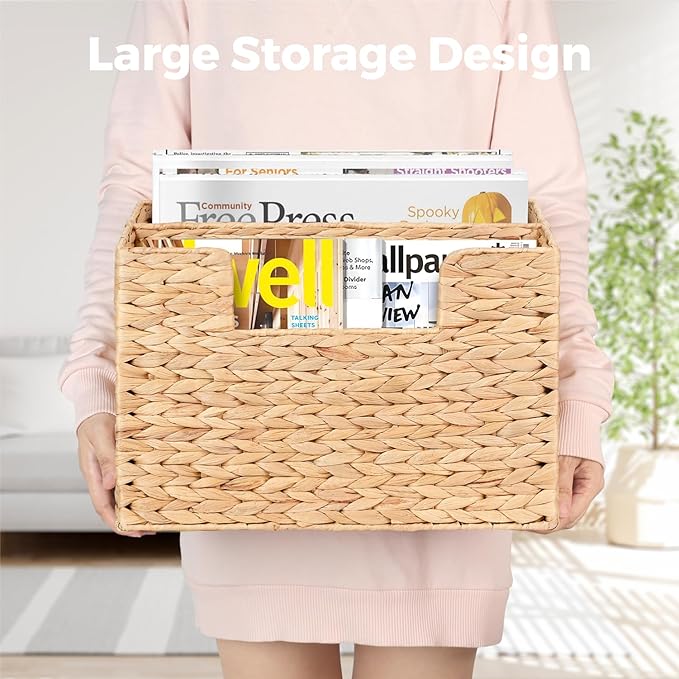 Handwoven Divided Water Hyacinth Wall Magazine Holder - Natural Hanging Organizer for Mail, Newspapers & Magazines, Books & Files - Divided Magazine Basket for Entryway, Living Room, Office