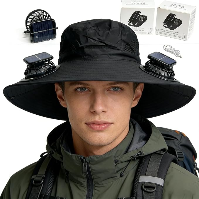 Solar Fan Hat, Hat with Fans Solar Power,Solar Powered Fan Hat for Outdoor Fishing, Hiking Gardening, USB Solar Charging Includes 2 Solar Fans(Black-XL)