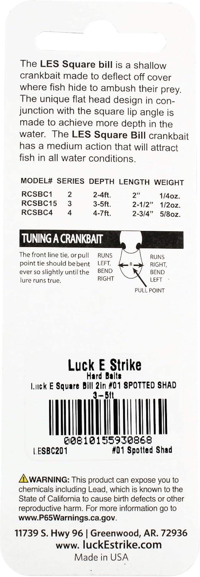 Luck E Strike 2 Inch Square Bill Crankbait, Made in The USA