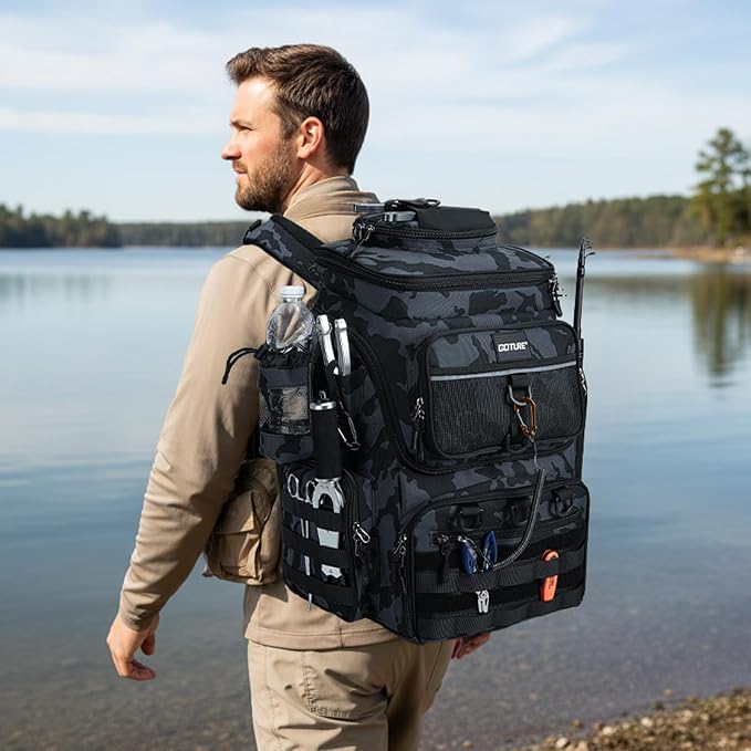 Goture Fishing Backpack, 900D Water-Resistant Tackle Bag with Rod Holders, Insulated Cooler Compartment, 55L Large Capacity Fishing Gear Storage for Saltwater&Freshwater Camping Hiking,Gifts for Men