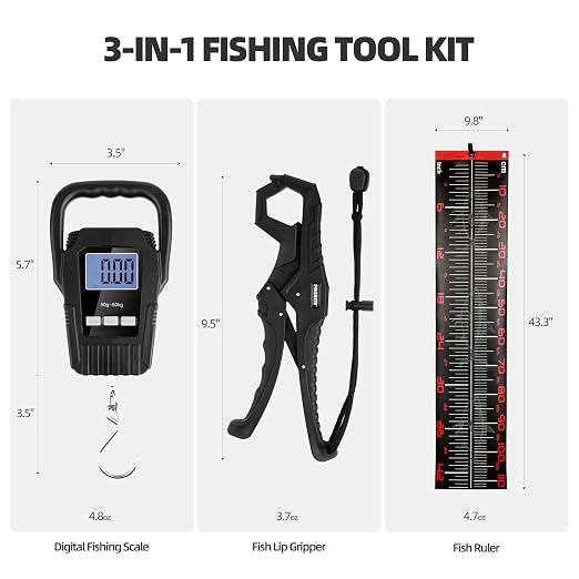 Fishing Tool Kit with Fish Gripper, Portable Fish Scale, Stainless Steel Soap & Measuring Ruler – Saltwater Resistant Tackle Accessories for Freshwater and Saltwater Anglers (Black)