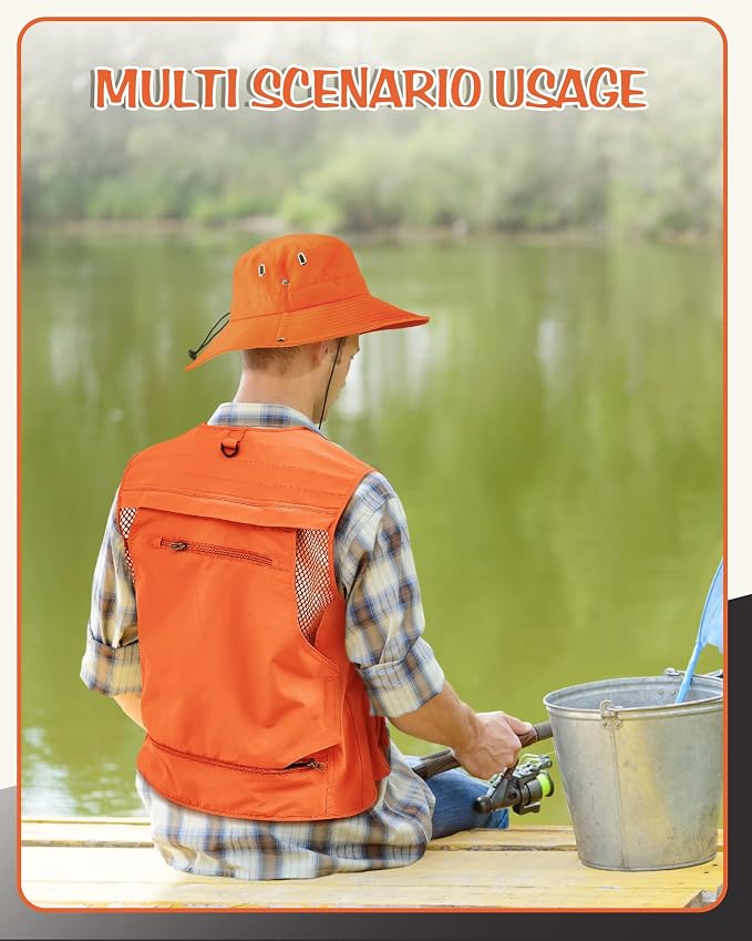 Shihanee 2 Pcs Men's Fishing Vest Sun Hat Multi Pocket Safari Vest for Outdoor Hiking Summer Travel