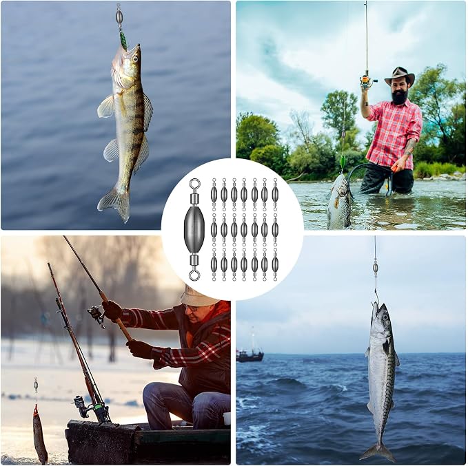 Seenelling 20 Pcs Brass Fishing Sinker Swivel Fishing Weights Saltwater Bullet Sinkers Drop Shot Weight Egg Sinkers with Swivel Rolling Removable Freshwater