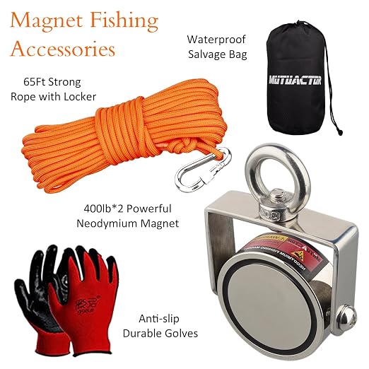 MUTUACTOR 800lbs Double-Sides Heavy Duty Swivel Magnet Fishing Kit