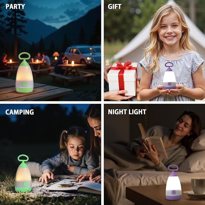 2-Pack Kids Camping Lantern & Night Light, Battery Powered, 360° Eye-Safe Light, IPX4 Waterproof RGB Portable for Slumber Party (Purple & Green, 6× AAA Included)