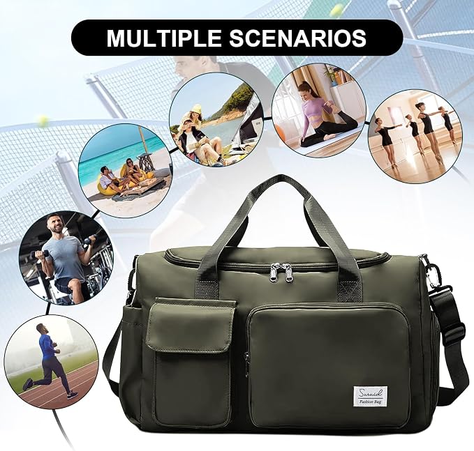 Suruid Gym Bag for Women Men, Travel Duffle Bag Large Capacity Carry On Weekender Bag With Shoe Compartment Gym Tote Dry Wet Separation Duffel Bag with Makeup Bag, Olive Green