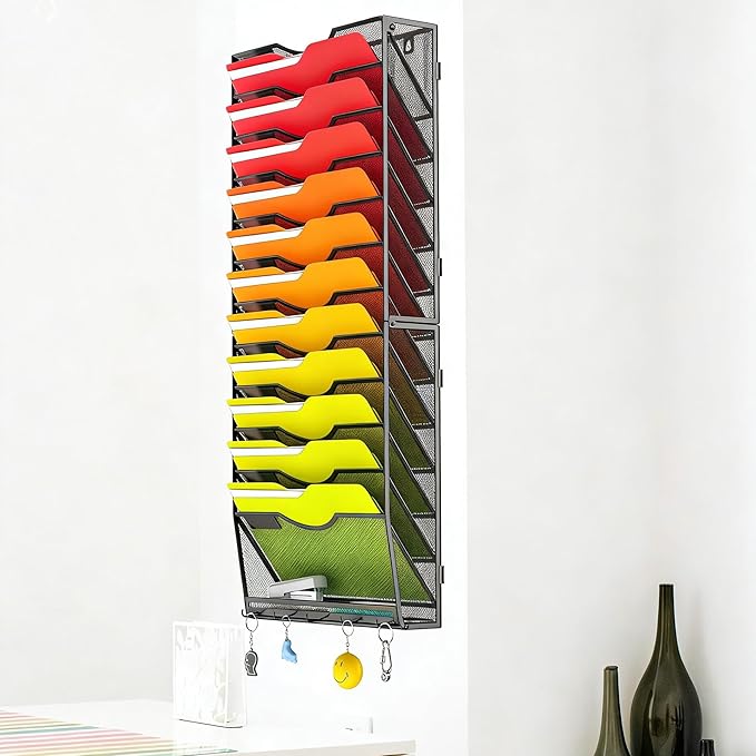13-Tier Large Capacity Hanging Wall File Organizer with 5 Hooks, Vertical Wall Mount File Holder, Mail Organizer Office Magazine Rack for Office Home School