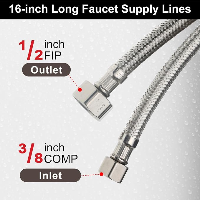 Midanya Faucet Supply Lines,16" Stainless Steel Braided Water Supply Line, 1/2" FIP x 3/8" COMP Faucet Hose, Faucet Hose Connector x 2 Pcs (1 Pair)