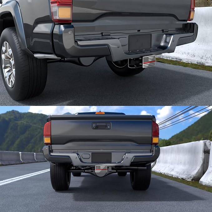 Heavy American Flag Metal Trailer Hitch Cover for 2" inch Receivers,Tow Hitch Covers 2 Inch for Truck Accessories (with 5/8-Inch Pin Diameter Trailer Hitch Lock, Chrome&Thin Red Line)