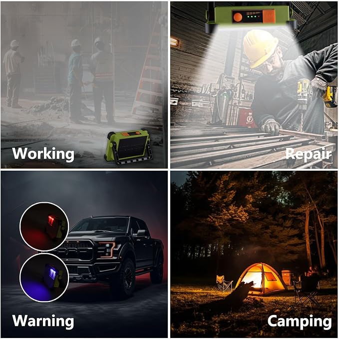 YXQUA 120W Solar Rechargeable Work Light, 144 LED Portable Flood Light with Stand, IP66 Waterproof 4 Modes LED Job Site Lighting Flashlights for Mechanic Camping Fishing Car Repair(Green 1 Pack)