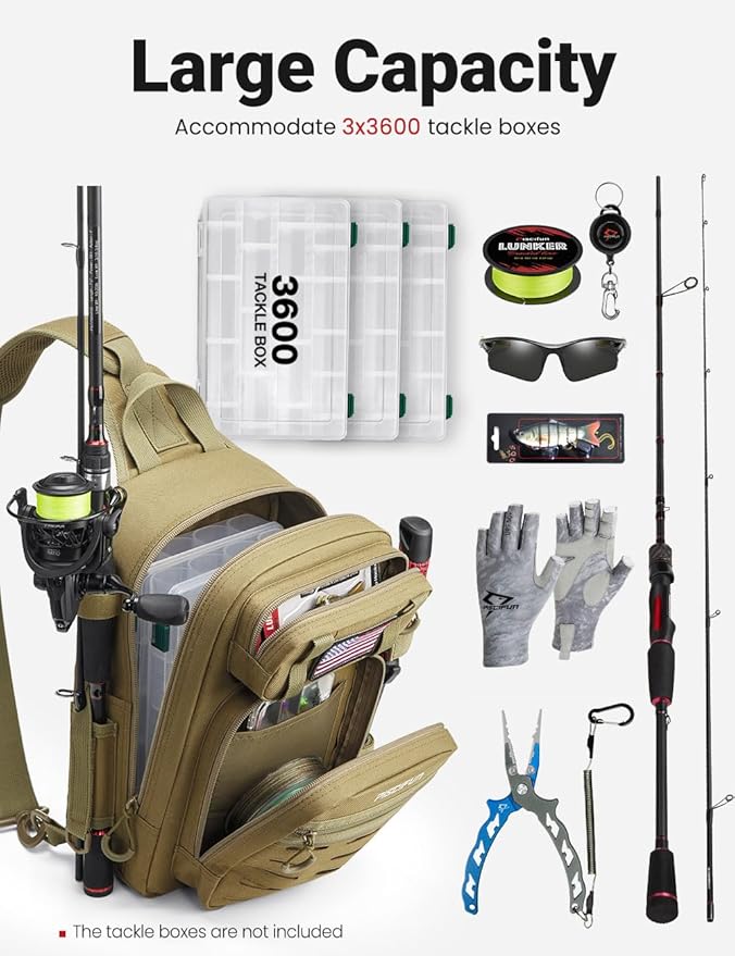 Piscifun Fishing Backpack Tackle Bag with 2 Rod Holders, Multi-Compartment Storage, MOLLE System, Water-Resistant Lightweight Outdoor Pack