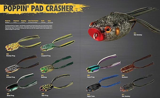 BOOYAH Poppin' Pad Crasher Topwater Bass Fishing Hollow Body Frog Lure with Weedless Hooks