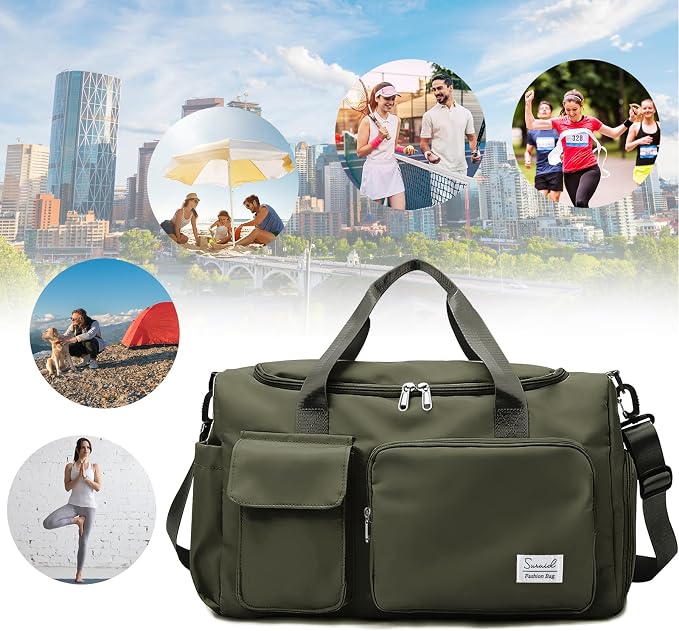 Suruid Travel Duffel Bag with Shoes Compartment Sports Gym Bag with Dry Wet Separated Pocket for Men and Women, Overnight Bag Weekender Bag Training Handbag Yoga Bag - Olive Green