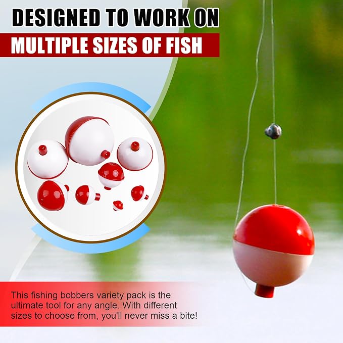 Fishing Bobbers Hard ABS Bobbers Snap-on Fishing Floats Push Button Round Buoy Float Bobbers for Crappie Panfish Walleyes Red and White 0.75"/1"/1.25"/1.5"/1.75"/2"/2.5"