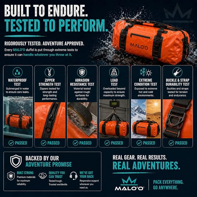 Malo’o 60L & 90L Airtight Waterproof Duffel Bag Backpack – Heavy Duty Dry Bag with Waterproof Zipper, Submersible Gear Bag for Fishing, Boating, Camping, Travel & Outdoor Adventure