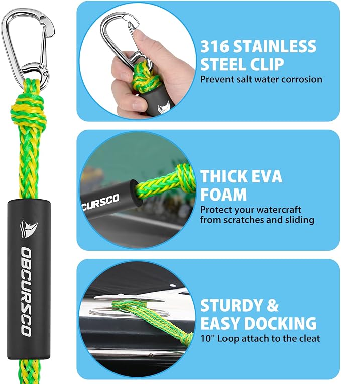 Obcursco Bungee Dock Lines for Boat, Docking Rope with 316 Stainless Steel Clips, Accessories for Jet Ski, PWC, SeaDoo, Pontoon, Center Console, Sets of Two(4ft & 6ft) (Green/Yellow)