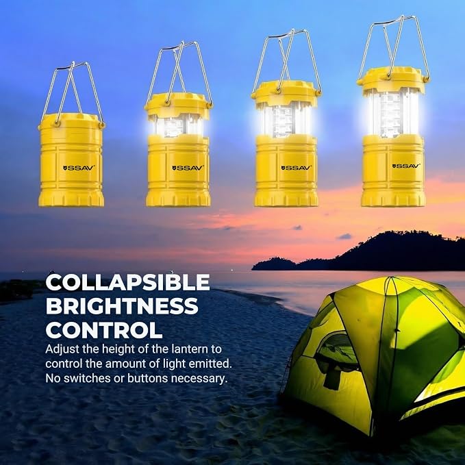 SSAV LED Camping Lantern, Emergency Lanterns for Power Outages & Hurricane Preparedness, Collapsible Portable Survival Lights for Camping, Storms & Emergencies, Batteries Included (2, Yellow)