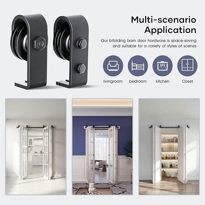 52 inch Bifold Barn Door Hardware Track Kit for Two 24 inch Closet Doors,Top Mount Sliding System,Heavy Duty Roller,Smoothly and Quietly,Black(Bifold Door Not Included)