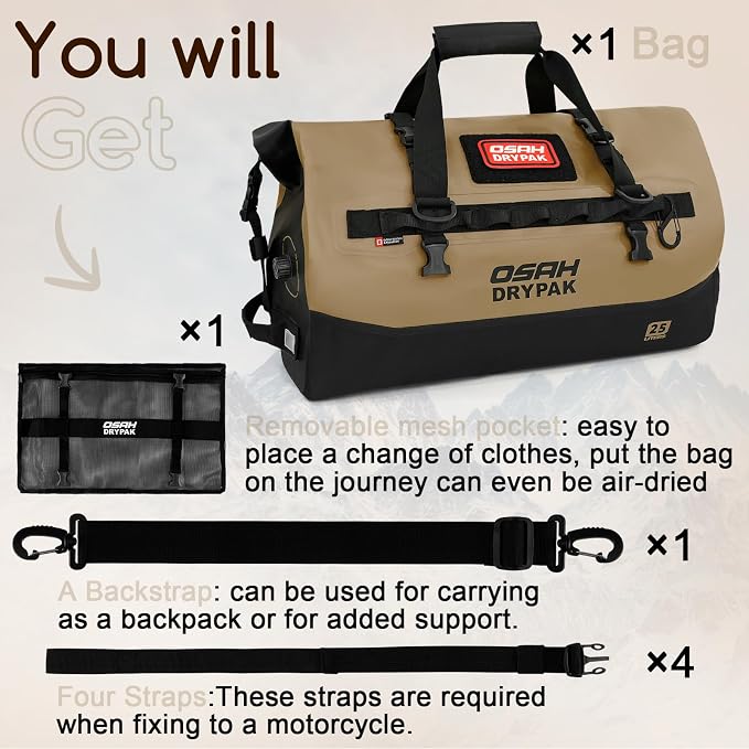OSAH DRYPAK Waterproof Duffel Bag 25L/40L/60L β Heavy-Duty Motorcycle Tail Bag, Roll-Top Dry Bag for Travel, Camping, Boating, Kayaking, Outdoor Adventure